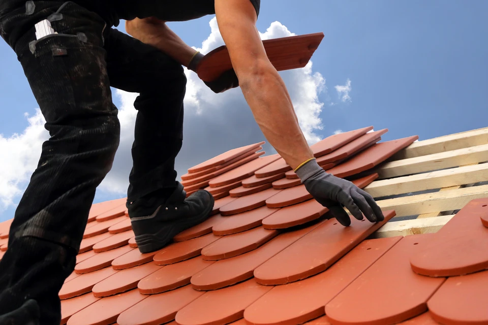 Extérieur, toiture résidentielle avec tuiles en terre cuite de couleur anthracite disposées en rangées parallèles