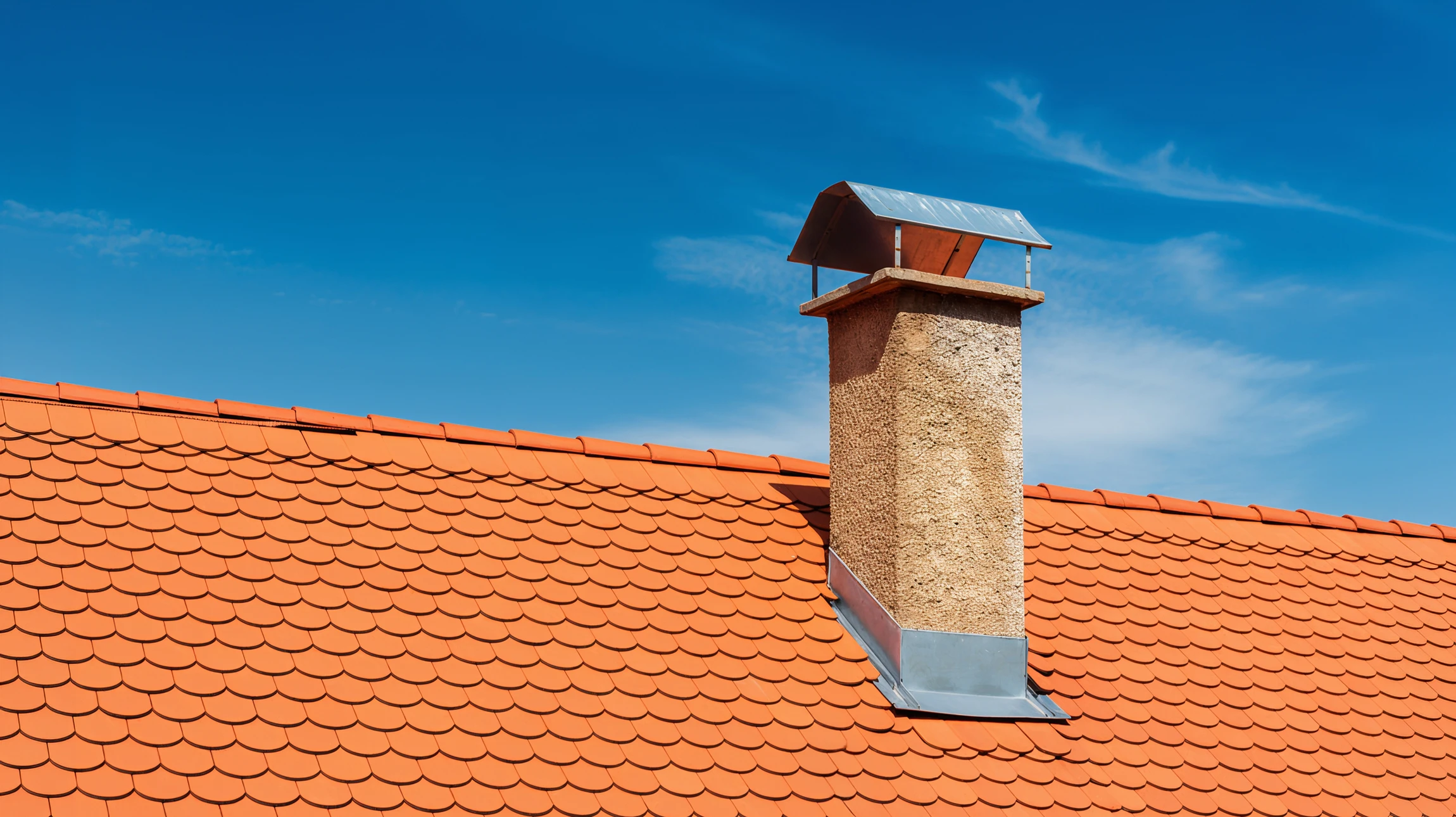 Ouvrier en équipement de sécurité effectue des travaux de maintenance sur cheminée en briques rouges, positionné sur toiture métallique grise via échelle